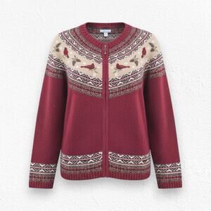 Croft and Barrow Fair Isle Bird Cardinal Zip Cardigan Y2K Sweater Size Medium